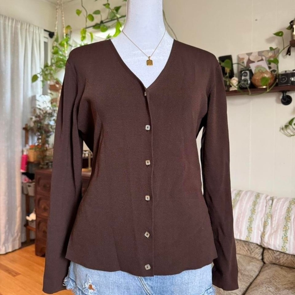 J.A.C. Chocolate Brown V-Neck Button Front Cardigan Knit Top XL